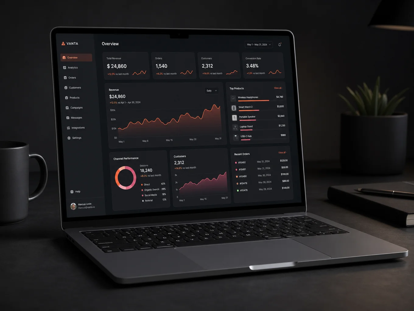 Interface tecnológica minimalista com gradientes azuis profundos e tipografia premium